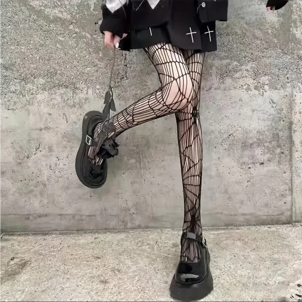 Black Gothic Skull Pattern Fishnet Tights Sexy Hollow Out Mesh Pantyhose OneSize